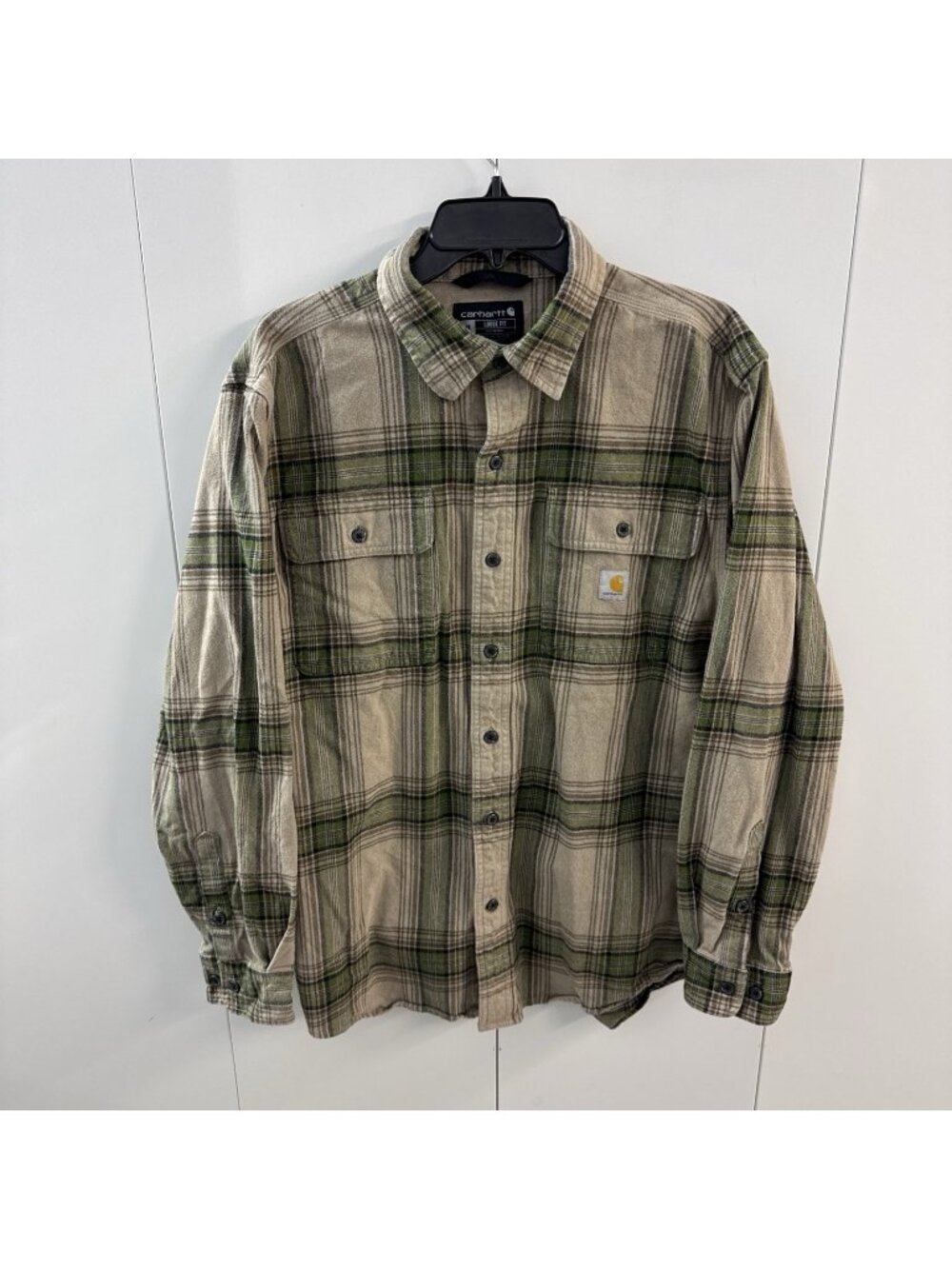 Carhartt Flannel Shirt Mens Medium Brown Green Plaid Loose Fit Heavyweight